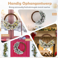 COSTWAY Kunstkerstkrans van 60 cm, met ledverlichting, met sneeuwbedekte dennenkrans met 35 warmwitte lampjes en 65 takken, kerstdecoratie, werkt op batterijen, voor binnen en buiten