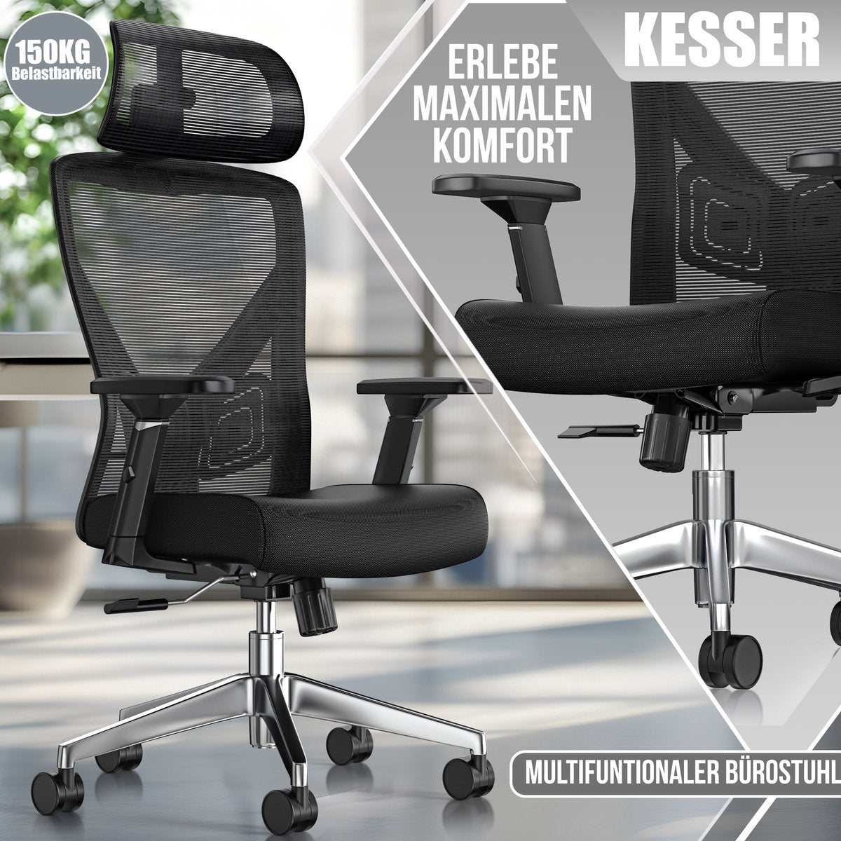 KESSER® Bureaustoel | Ergonomische Bureaustoelen voor Volwassenen | verstelbare rugleuning | in hoogte verstelbaar | Hoofdsteun & Lendensteun | office Chair met 5x rubberen wielen - Zwart / Zilver