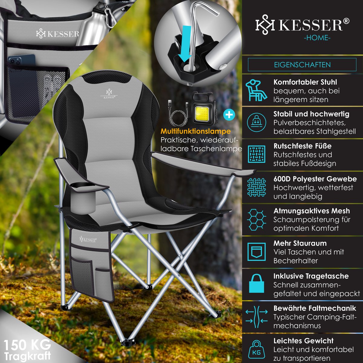 KESSER® Campingstoel - Visstoel - Vouwstoel - Grijs