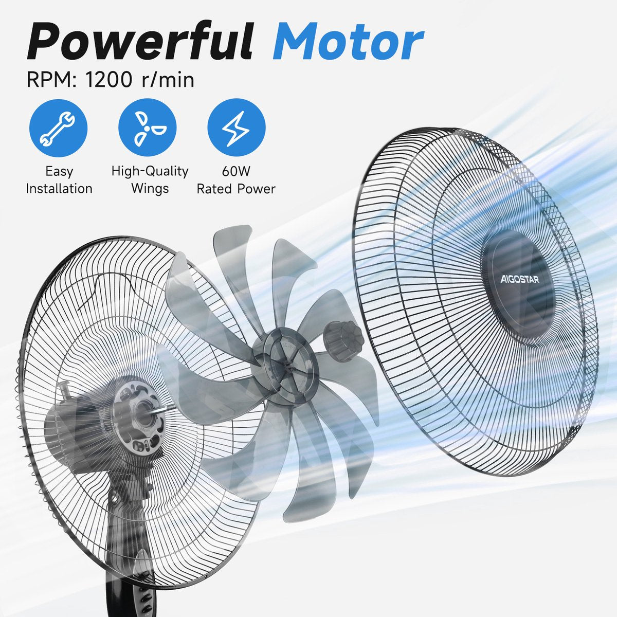Aigostar Statiefventilator - Ventilator Staand - Verstelbaar - 60W - Zwart •