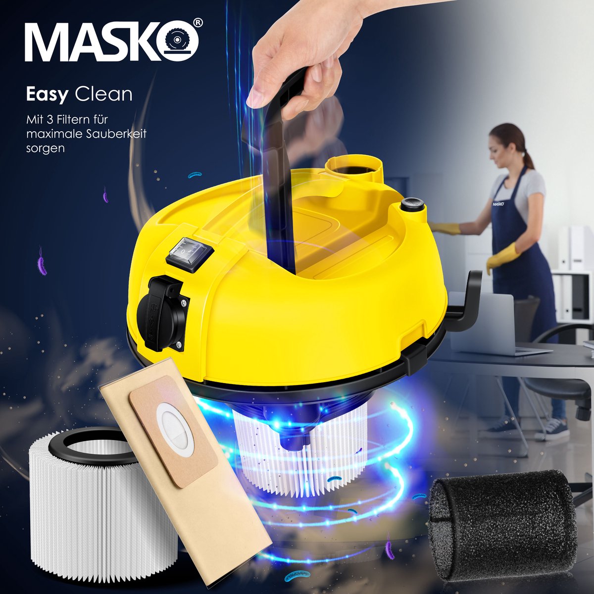 MASKO® Industriële stofzuiger 2300W - Droog- & Natzuigen - Geel