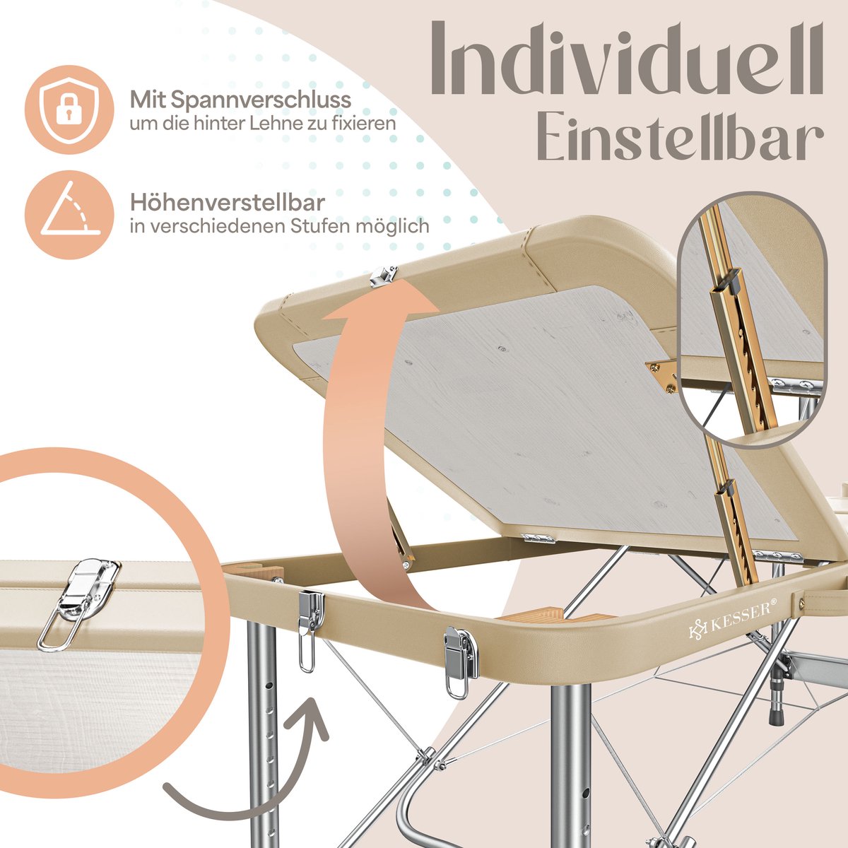KESSER® Massagetafel inklapbaar 180x61x90cm | Behandeltafel 225kg Draagvermogen & In Hoogte Verstelbaar | Mobiele Massagebank 3-Zone | Aluminium Massagebed met Hoofdsteunen Armsteunen & opbergtas - Beige
