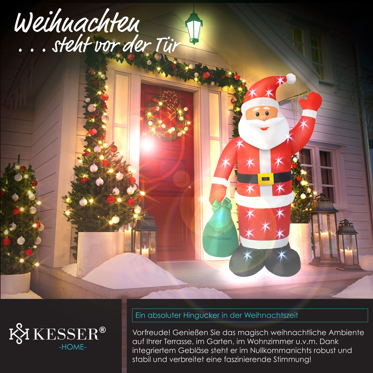 KESSER® XXL Opblaasbare Kerstman LED Verlicht - Kerstverlichting, kerstdecoratie, Kerstversiering, kerstman pop met bevestigingsmateriaal, weerbestendig IP44 - 195cm
