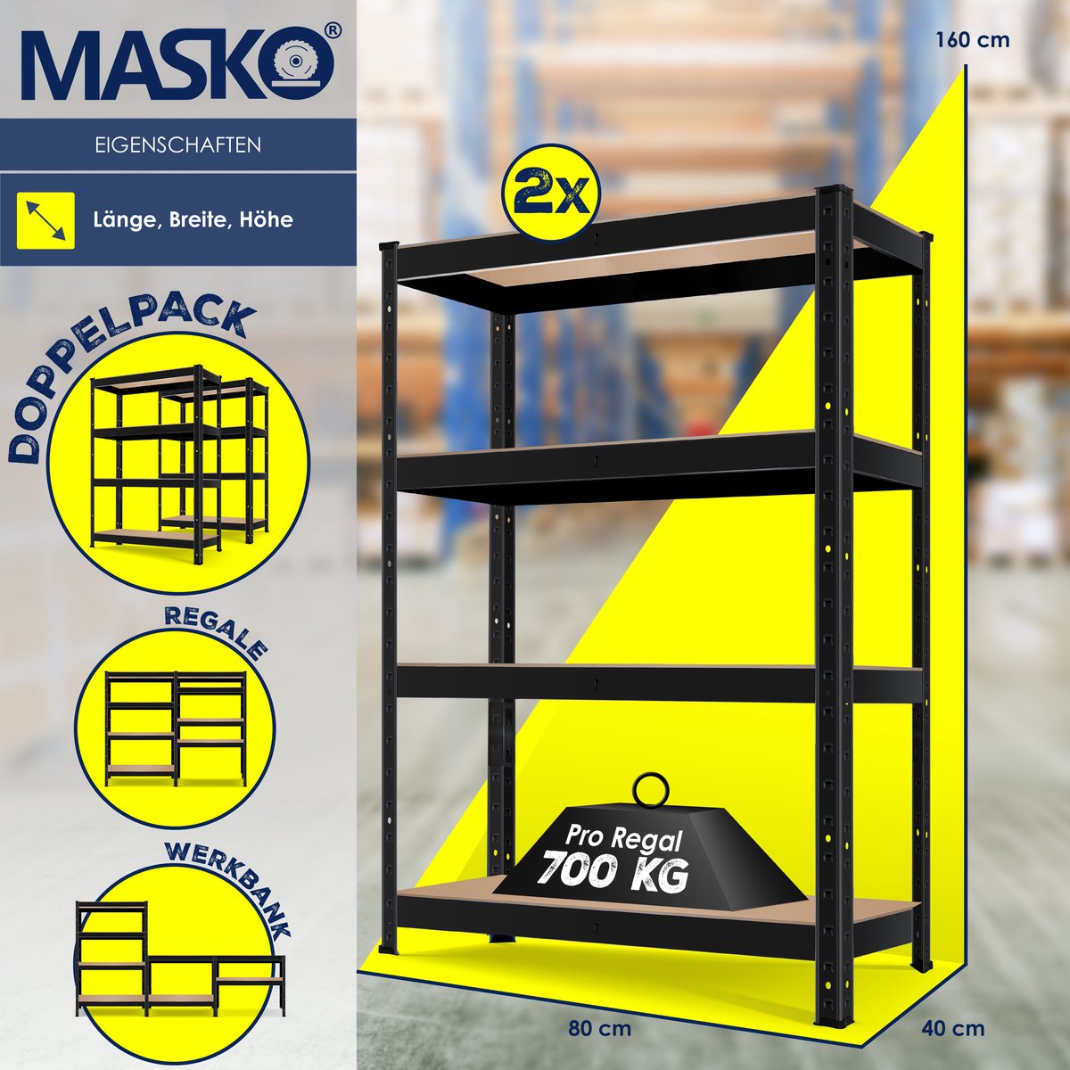 MASKO® Opbergrek - Stellingkasten - Set van 2 - Tot 700kg - Zwart