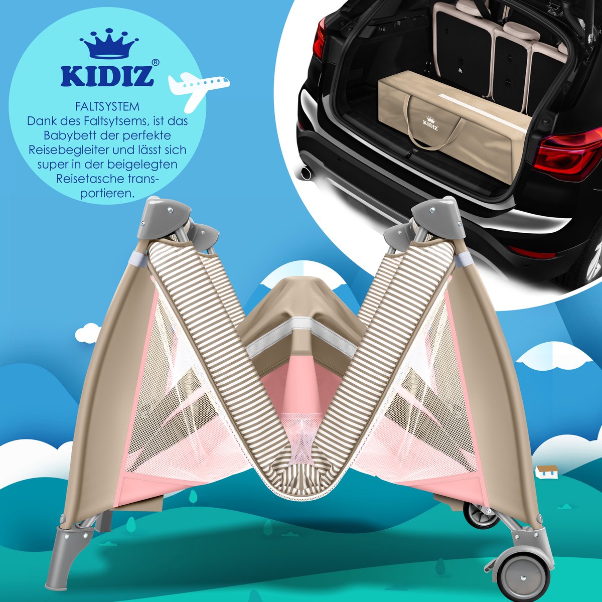 KIDIZ® 3in1 Babybedje - Campingbedje - Ledikant  - Beige/Roze