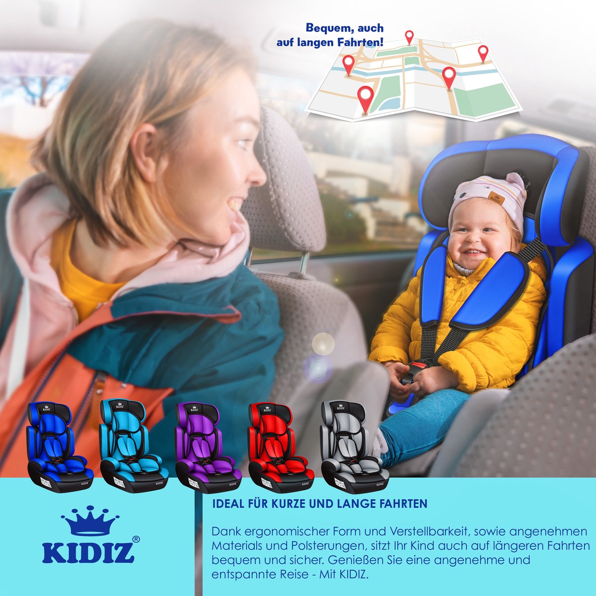 KIDIZ® Autostoeltje - 5-punts veiligheidsgordel - Blauw