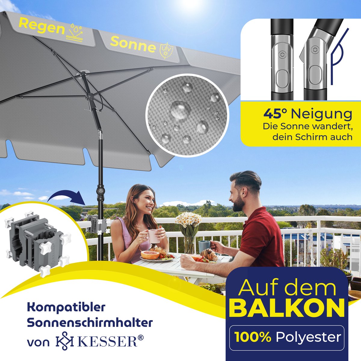 KESSER® Stokparasol Inclusief Beschermhoes & Draagtas 200 × 125cm - Parasol voor Balkon, Tuin & Terras Tuinparasol Strandparasol - Lichtgrijs