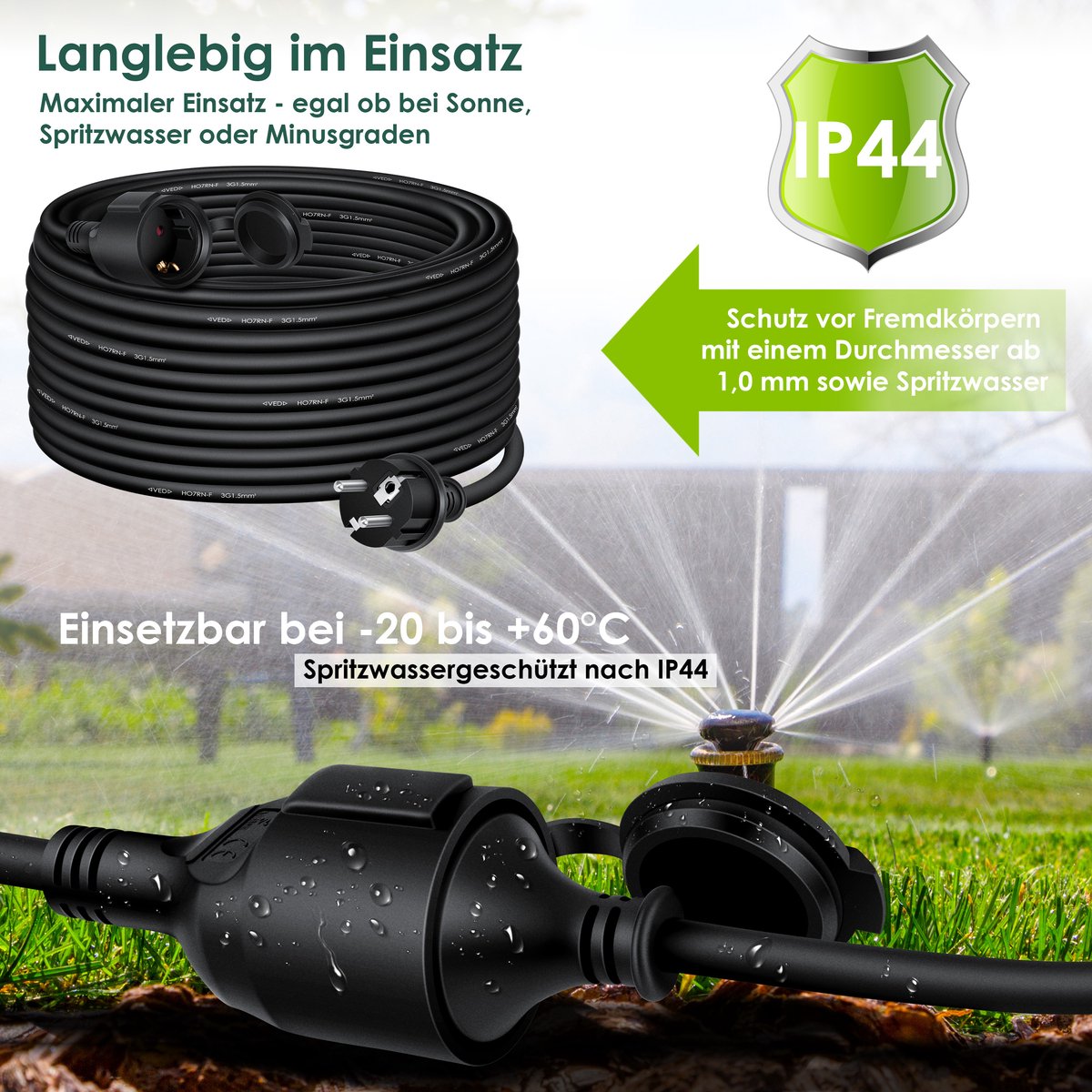 KESSER® Verlengkabel 40 meter voor binnen en buiten IP44 - Zwart