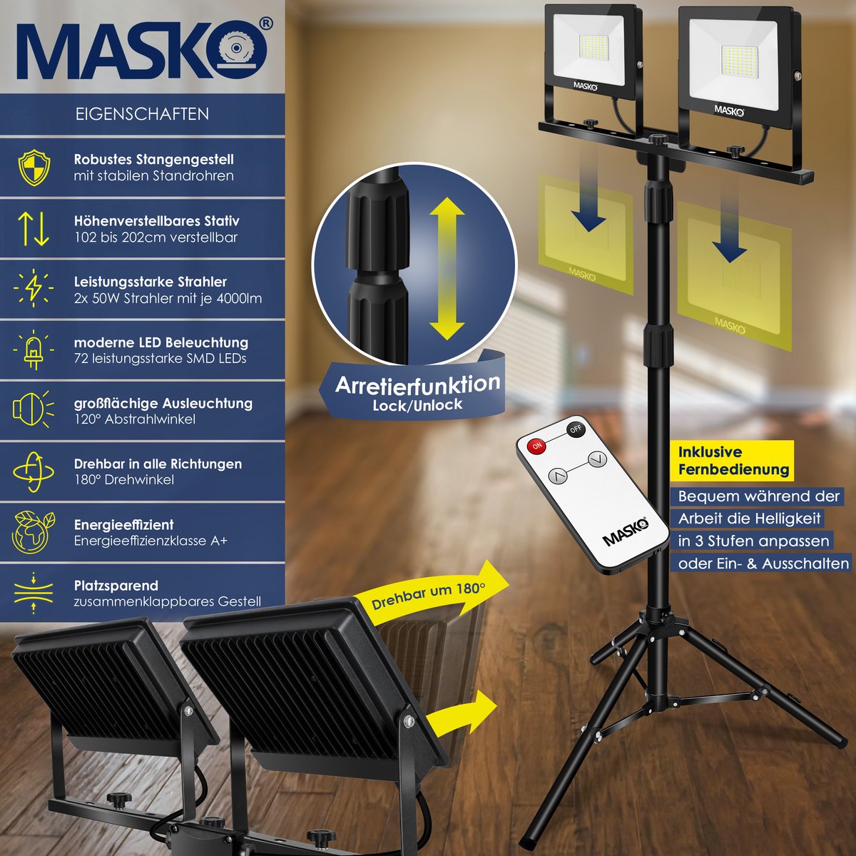 MASKO® LED Bouwlamp - 2x50W - Werklamp - IP65  - Zwart