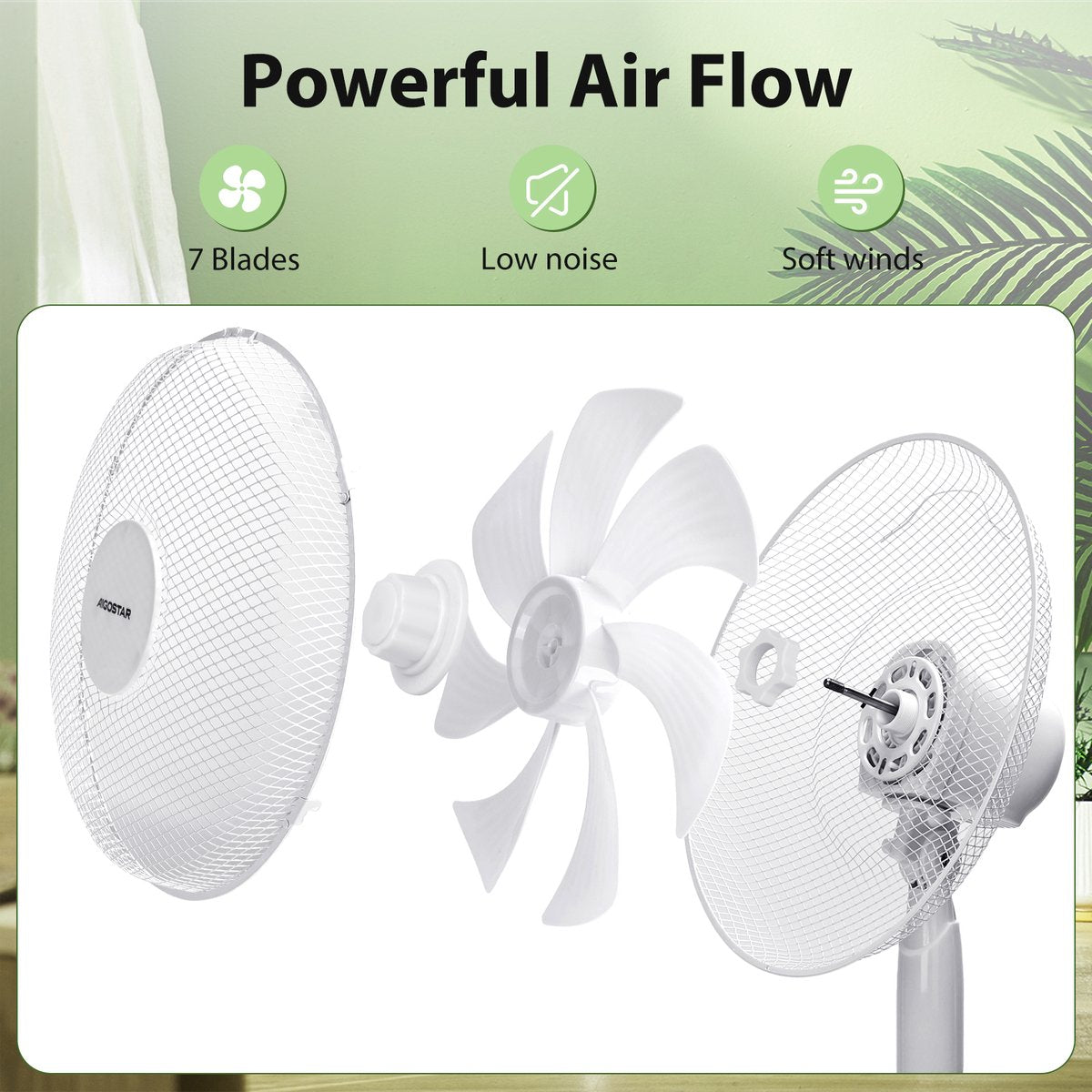 Aigostar Erika Statiefventilator - Oscillerende Ventilator Staand - Stille Werking - 3 Standen - In hoogte verstelbaar - 7 bladen - 50W - Wit