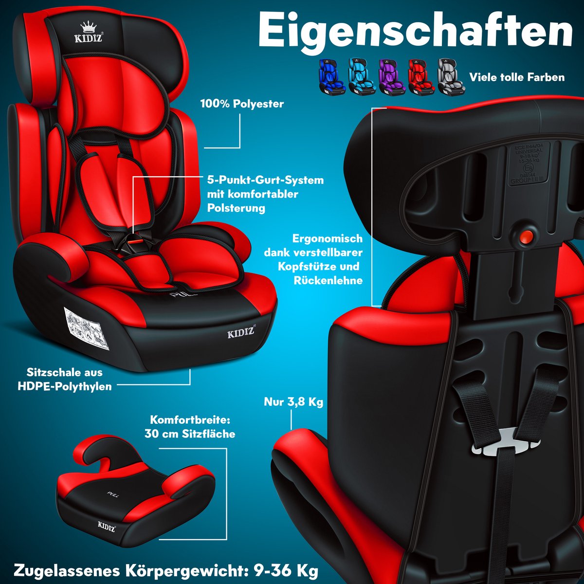 KIDIZ® Autostoeltje Groep 1+2+3  9-36 kg 5-punts veiligheidsgordel, Autostoeltje, Kinderzitje, Verstelbare Hoofdsteun | Stoelverhoger 1-12 jaar, Stabiel en Veilig - Rood
