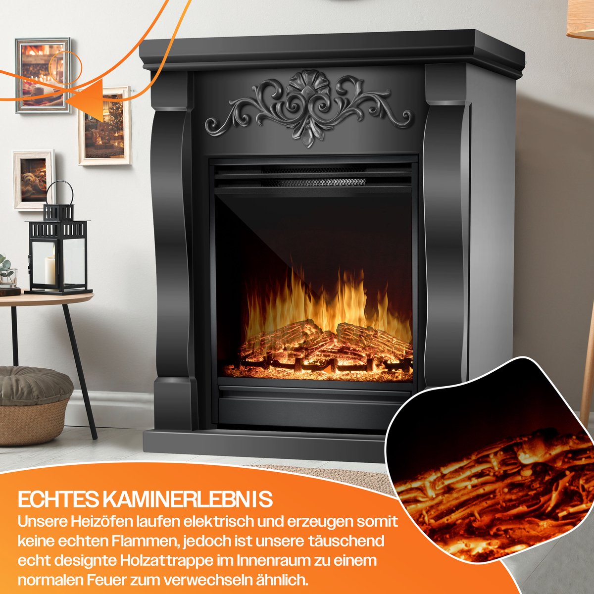 KESSER® Sfeerhaard Elektrisch Haard 1800W met LED Vlammen Dimbaar - Electrische Kachel met Timer & Afstandsbediening - Elektrische Verwarming met Thermostaat - Villa Zwart