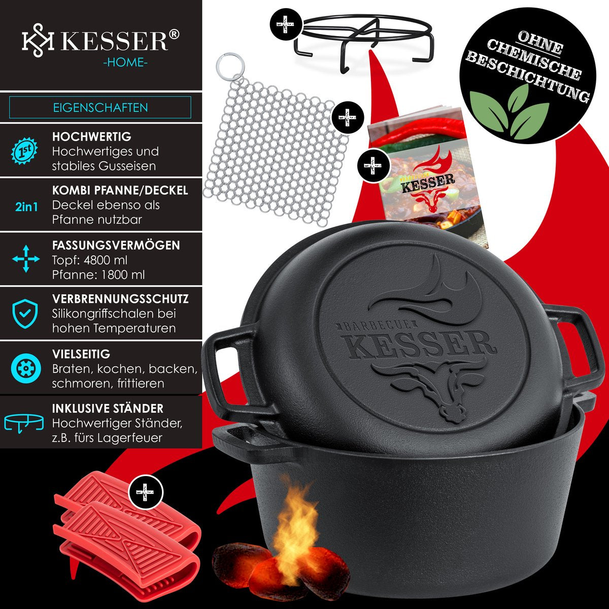 KESSER® Dutch Oven Gietijzeren Pan 1,8L en Pot 4,8L - Zwart