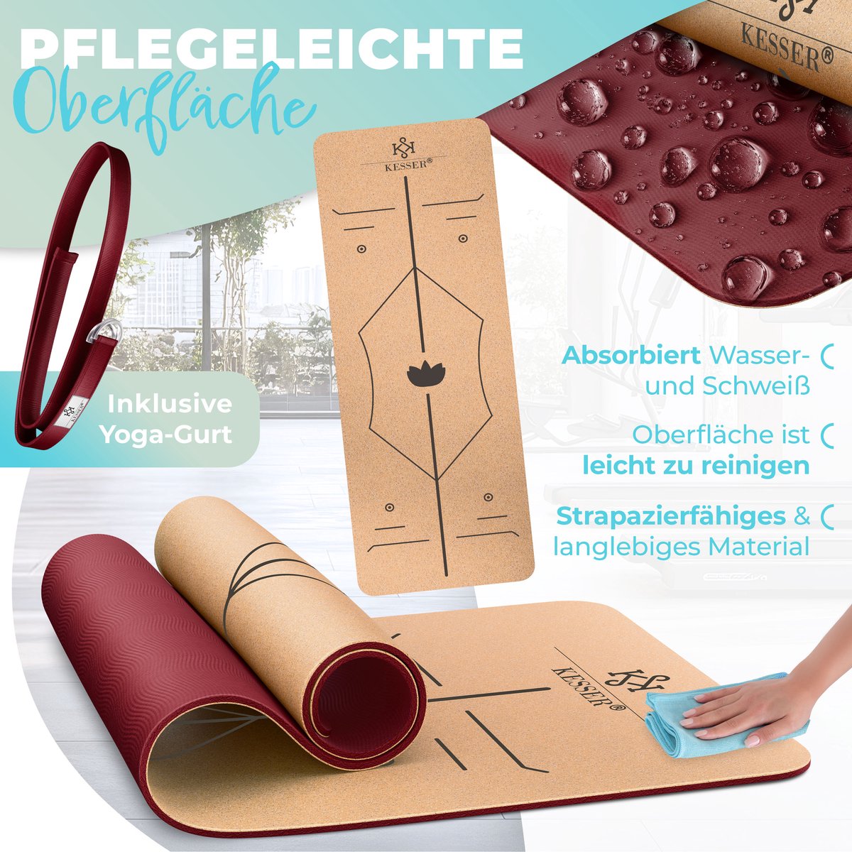KESSER® Yogamat Kork 183x62cm Turnmat Gymnastiekmat Fitnessmat Inclusief Draagriem Tas & Yoga Blok - Bordeux