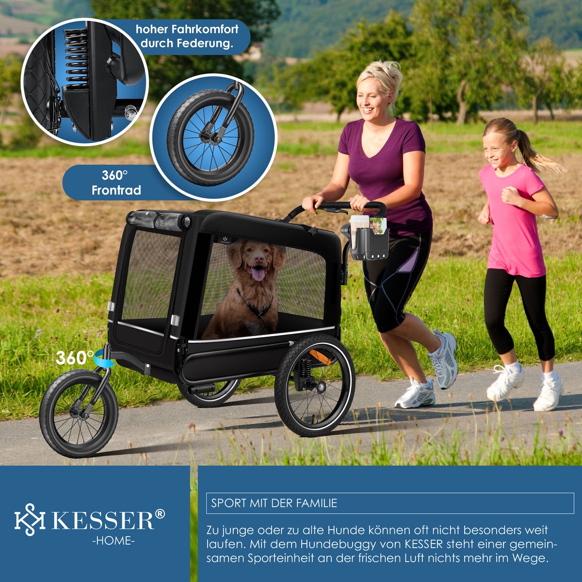 KESSER® Hondenfietskar tot 40 kg 3in1 Hondenbuggy - Fietskar Hond Jogger - Zwart