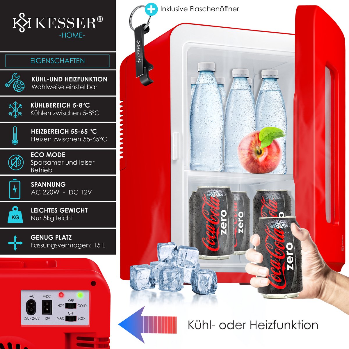 KESSER® Tafelmodel Koelkast 15 Liter AC DC 220-240V en 12V - Mini Koelkast Vrijstaand met Verwarmingsfunctie - Koelbox ideaal voor Auto en camperen - Rood
