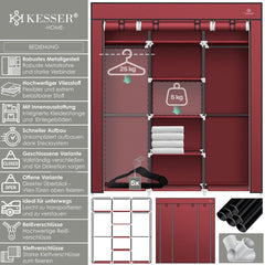 KESSER® Kledingkast in Stof en Metaal 150x45x175cm - opvouwbaare Garderobekast Stabiel met Kledingstang & Planken, Inclusief 5x Kledinghangers Kleerkast - Legplank Kast voor Slaapkamer met Kledingrek - Bordeux