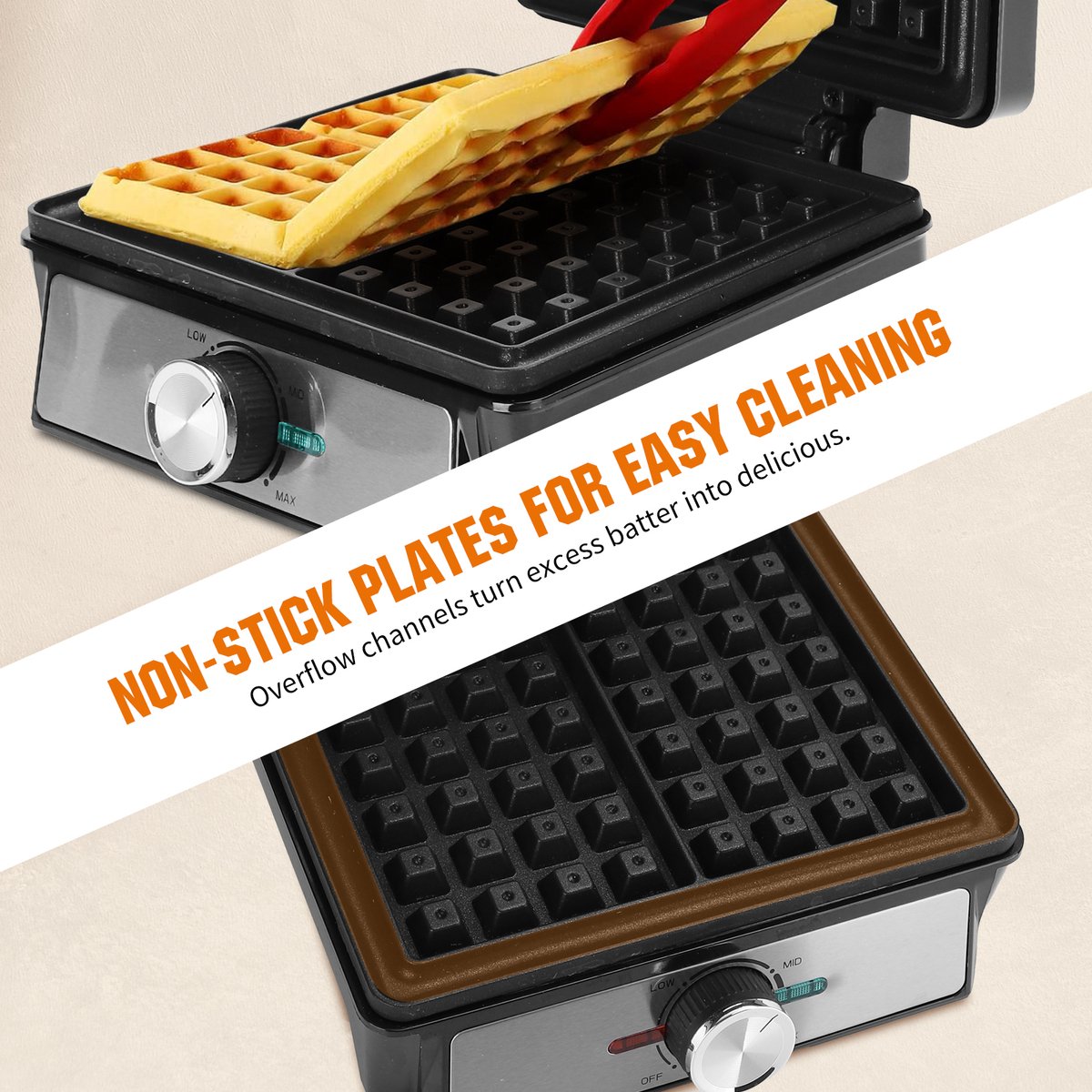 Aigostar Savory - Wafelijzer - 2 Belgische wafels - 4x7 - Regelbare thermostaat - Anti aanbaklaag - RVS - 20 x 17 cm - 1600W - Zwart •
