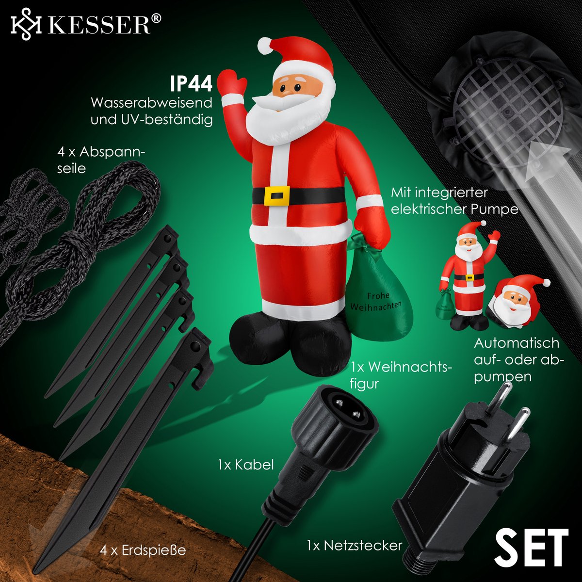 KESSER® XXL Opblaasbare Kerstman LED Verlicht - Kerstverlichting, kerstdecoratie, Kerstversiering, kerstman pop met bevestigingsmateriaal, weerbestendig IP44 - 195cm