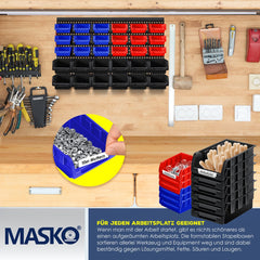 Masko® wandrek - stapelbak - gereedschapshouder Stapeldozen Muurplank 32tlg Doos Display Opbergdozen Bulkplank Boltless plank - Zwart / Blauw / Rood