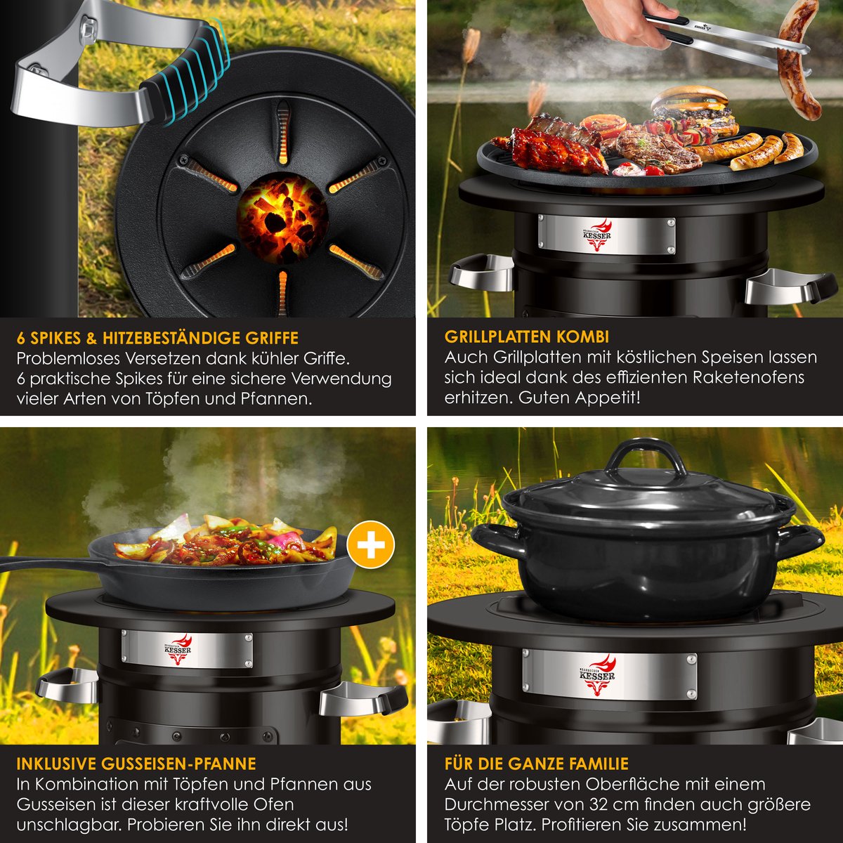 KESSER® Raket Stove - Gietijzer Grillpan - Dutch Oven - RVS - Zwart