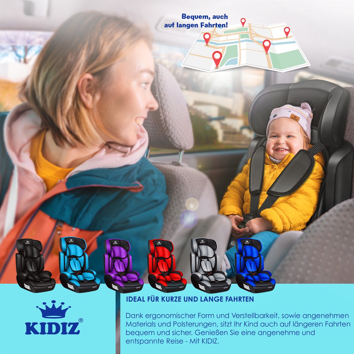 KIDIZ® Autostoeltje - 5-punts veiligheidsgordel - Zwart