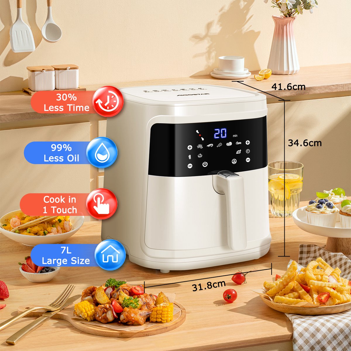 Aigostar Airfryer XXL - Heteluchtfriteuse - 7L - 1900W - Wit