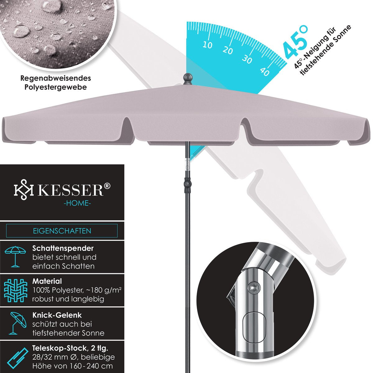 KESSER® Stokparasol Inclusief Beschermhoes & Draagtas 200 × 125cm - Parasol voor Balkon, Tuin & Terras Tuinparasol Strandparasol - Taupe