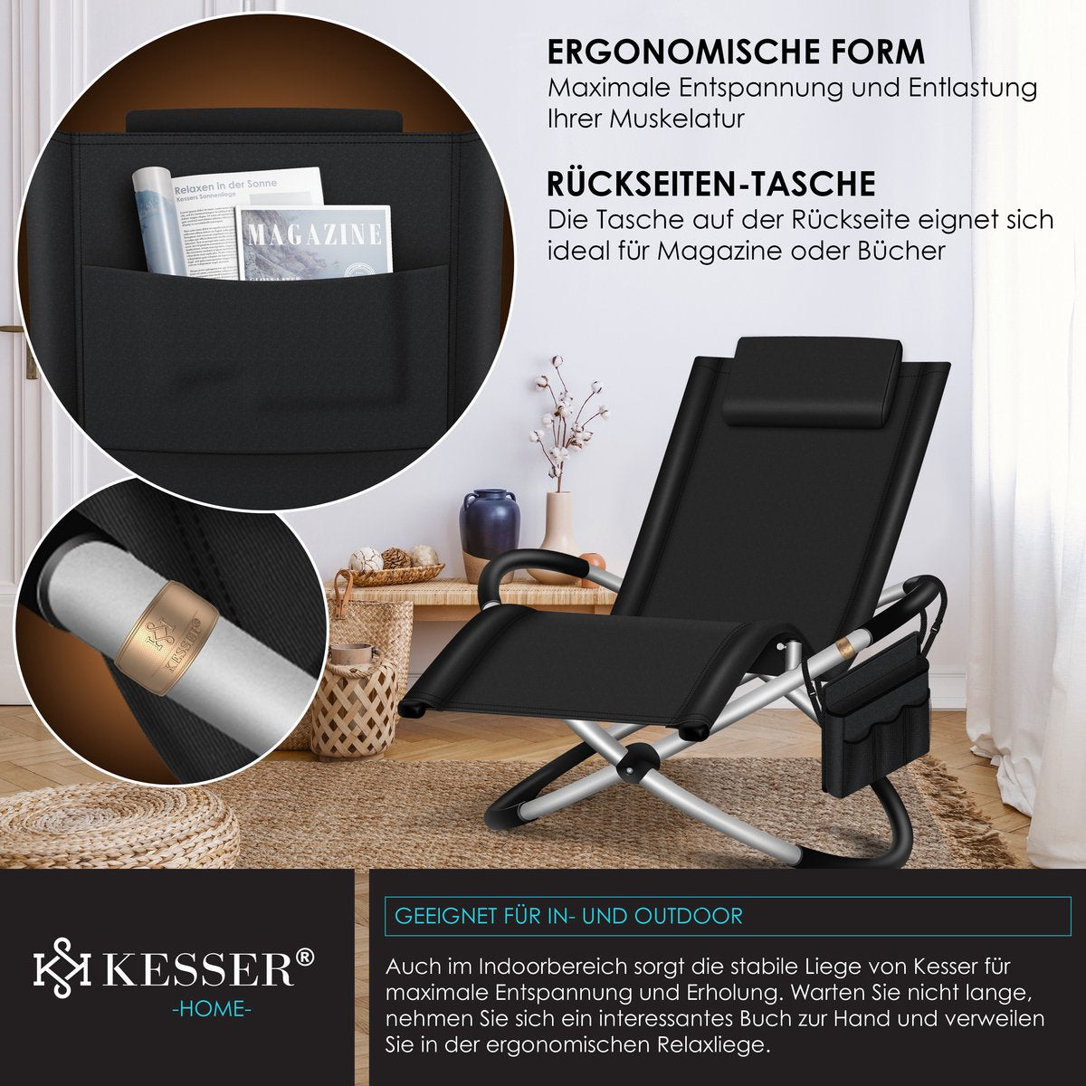 Ligbed - Ligstoel - Zonnebed - Relaxstoel - Zwart - KESSER®