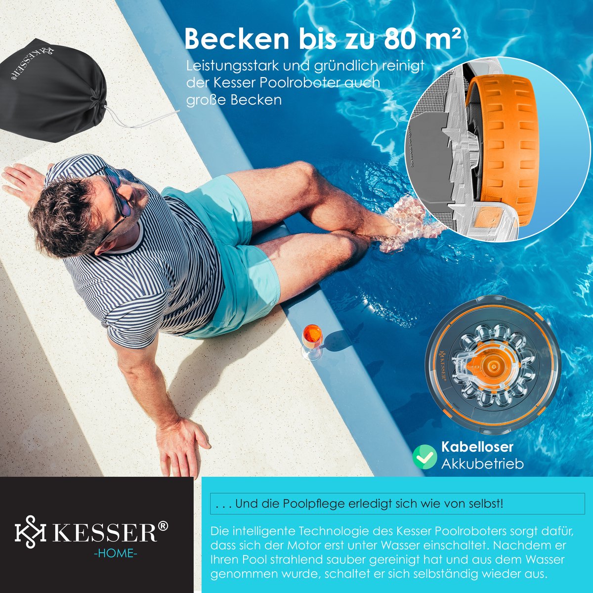 KESSER® Zwembadrobot accu Aqua-9000 incl. transporttas, Stofzuiger voor zwembaden tot 80m², Li-Ion accu max. 75 min, Zwembadreiniger snoerloze zwembadstofzuiger vloerreiniging volautomatische vloerstofzuiger - Oranje