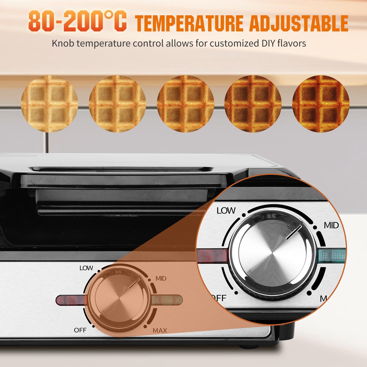 Aigostar Savory - Wafelijzer - 2 Belgische wafels - 4x7 - Regelbare thermostaat - Anti aanbaklaag - RVS - 20 x 17 cm - 1600W - Zwart •