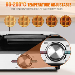 Aigostar Savory - Wafelijzer - 2 Belgische wafels - 4x7 - Regelbare thermostaat - Anti aanbaklaag - RVS - 20 x 17 cm - 1600W - Zwart •