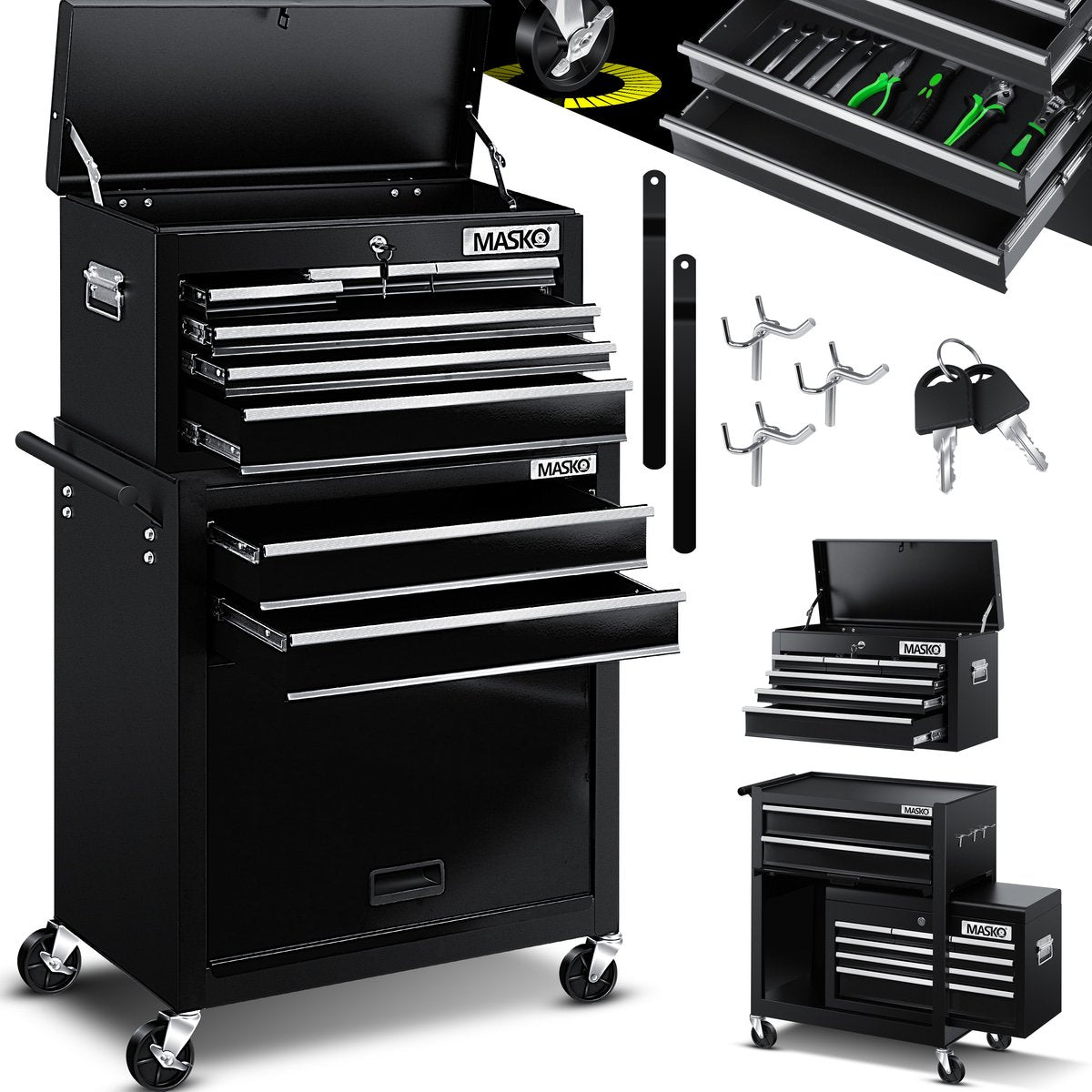 Masko® Werkplaatswagen - Gereedschapswagen - 9 vakken - Zwart