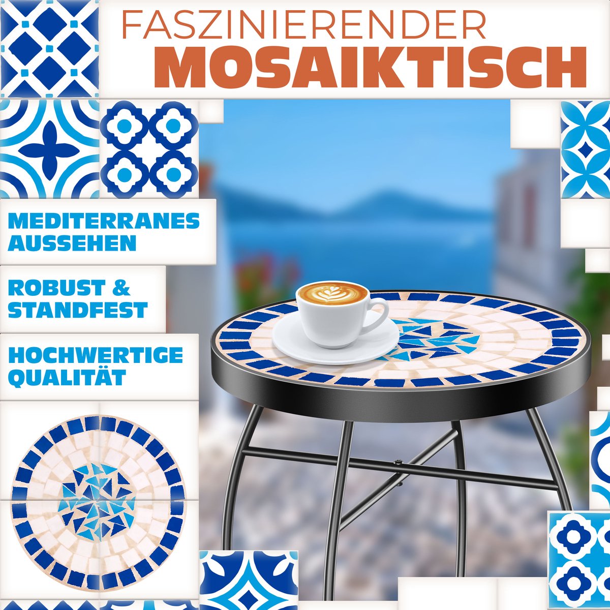 KESSER® Mozaïek Tafel Bistrotafels Bloemkruk Rond 60 x 34 cm Metalen Mozaïek Bijzettafel Balkontafels Patiotafel Balkon Stenen Mozaïek Tuintafel Binnen Buiten - Peripou