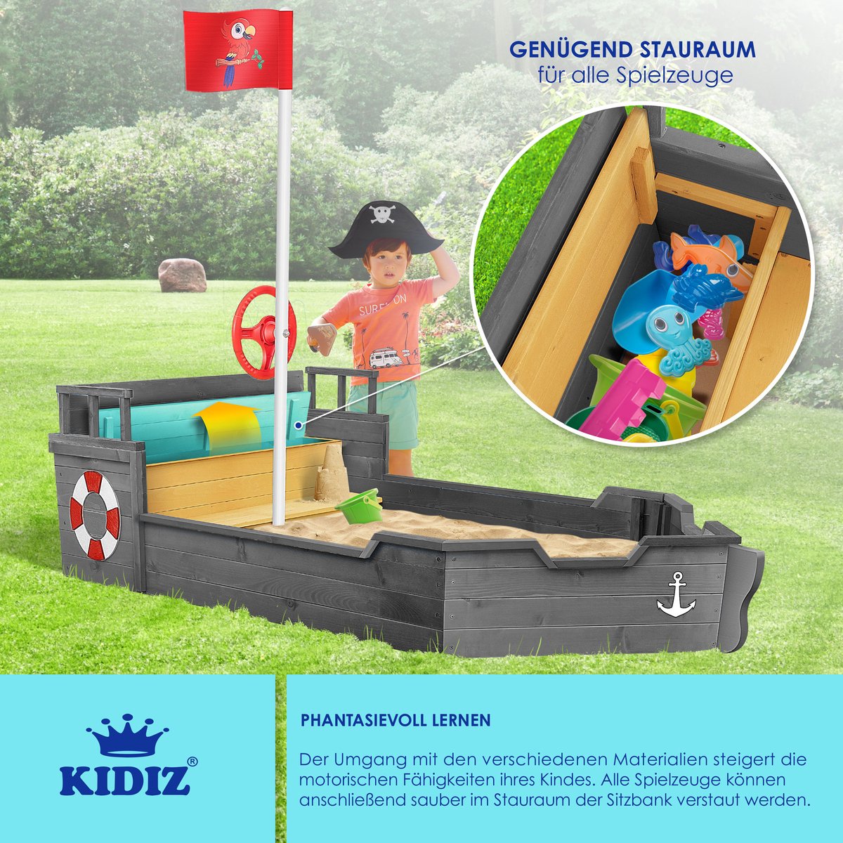 KIDIZ® Zandbak piratendesign - Met bankje - Antraciet