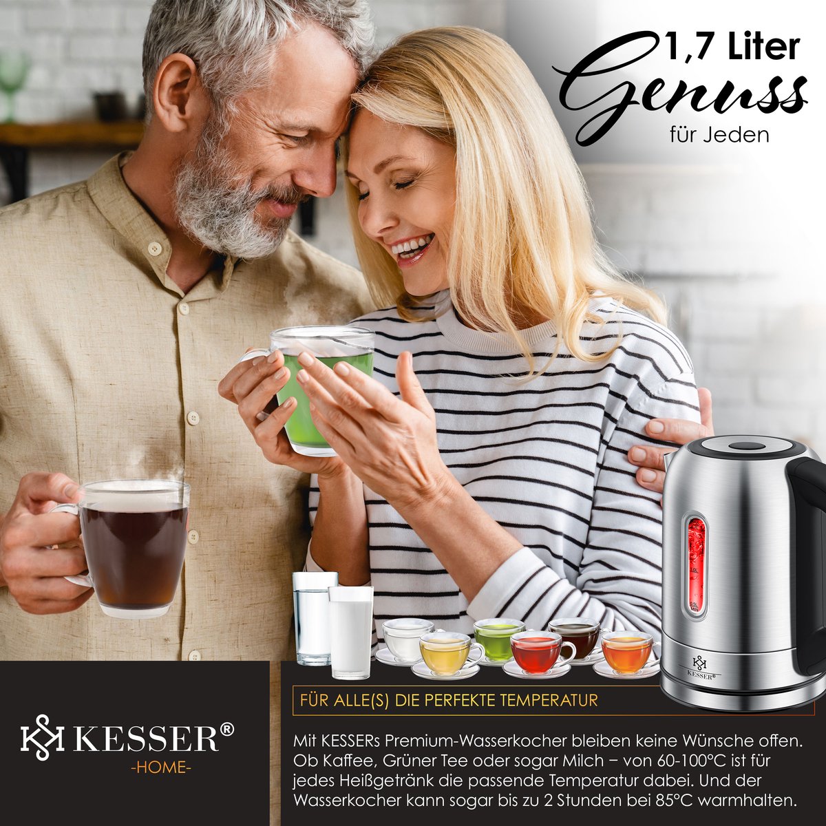 KESSER® RVS Waterkoker - 1,7L - 2200W - Warmhoudfunctie - Zilver