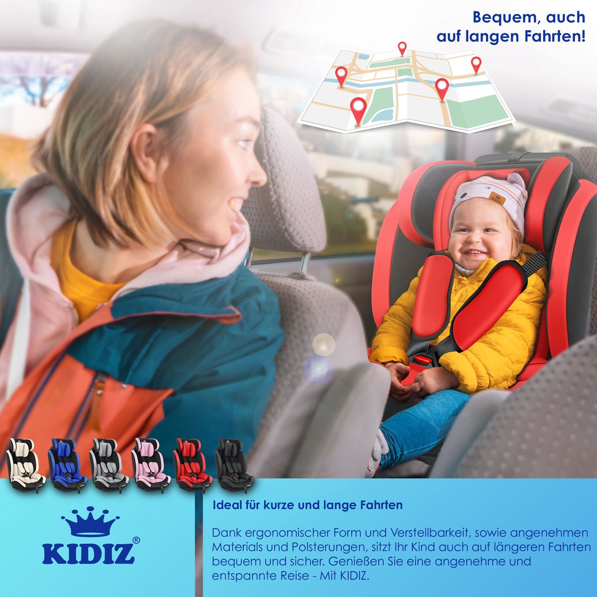 KIDIZ® Autostoeltje Groep 1+2+3  9-36 kg 5-punts veiligheidsgordel, Autostoeltje, Kinderzitje, Verstelbare Hoofdsteun | Stoelverhoger 1-12 jaar, Stabiel en Veilig - Rood