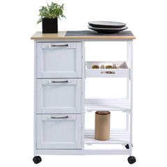 Keukentrolley op wieltjes - Serveerwagen - Wit/Grenenhout - Met lades - Rolwagen keuken