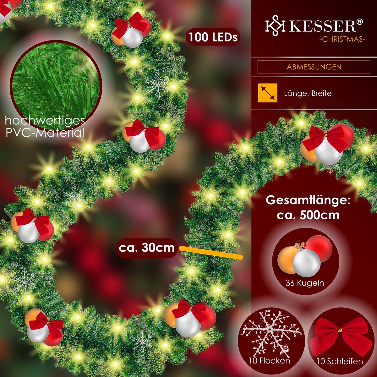 KESSER® Kerstslinger | Guirlande met 100 LED's warmwit Lampjes - Kerstversiering, Kerstguirlande LED verlichting voor Kerstboom en Binnen & Buiten, Kerstverlichting Slinger voor Kerstmis - Groen, 5M / 100 LEDs met afstandsbediening
