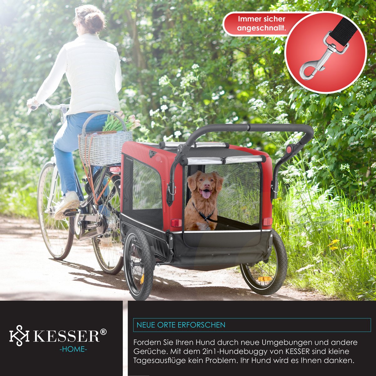 KESSER® Hondenfietskar tot 40 kg 3in1 Hondenbuggy - Fietskar Hond Jogger - Rood