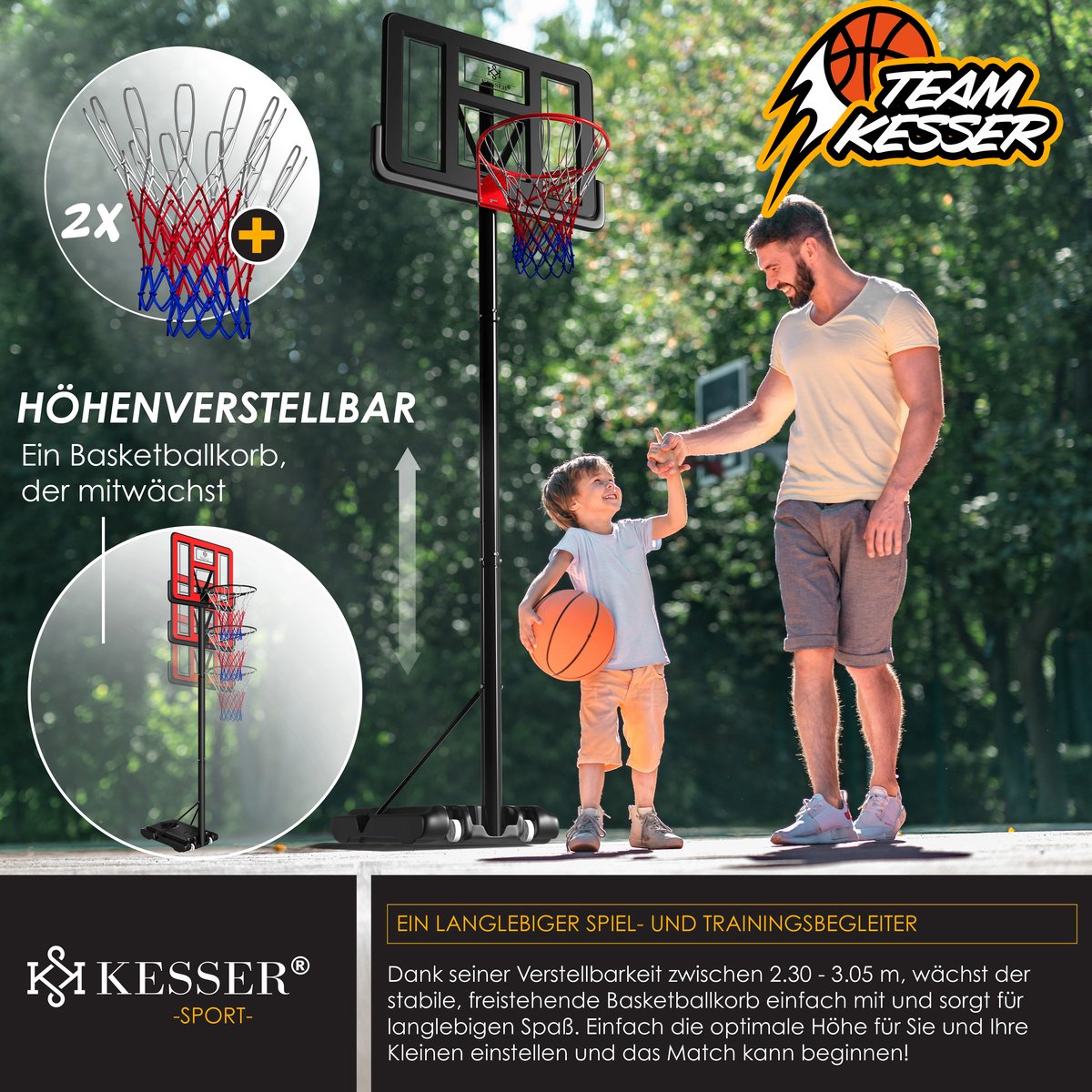KESSER® Basketbalpaal - Basketbalstandaard - Verstelbaar - 230cm-305cm - Zwart