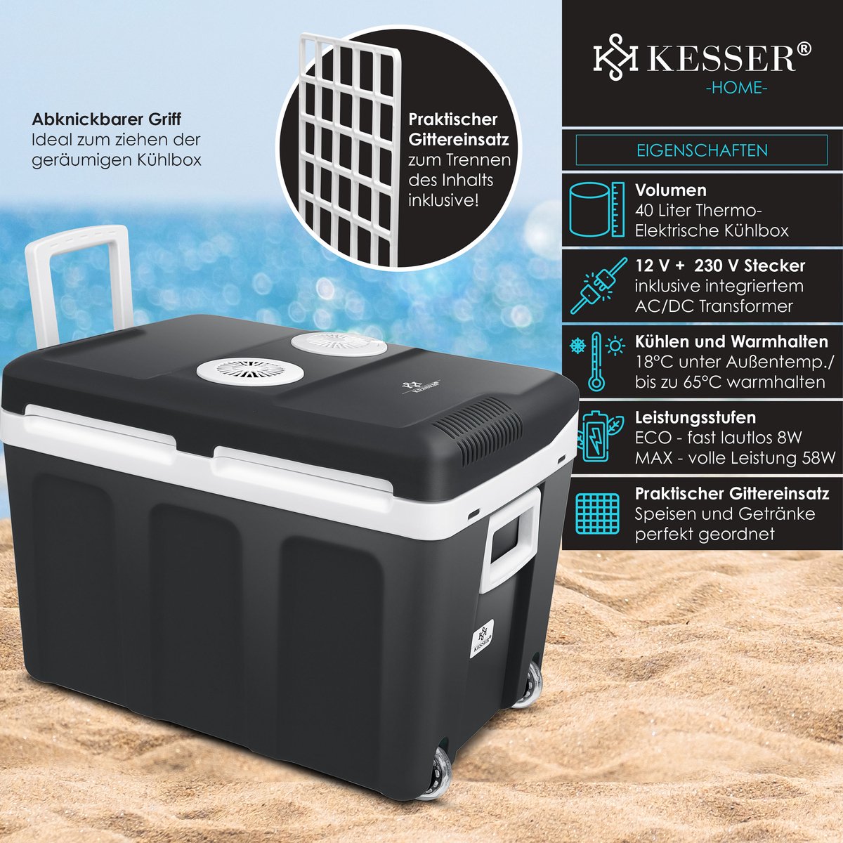 KESSER® Thermo-Elektrische Koelbox – 40L – 12V/230V – Antraciet