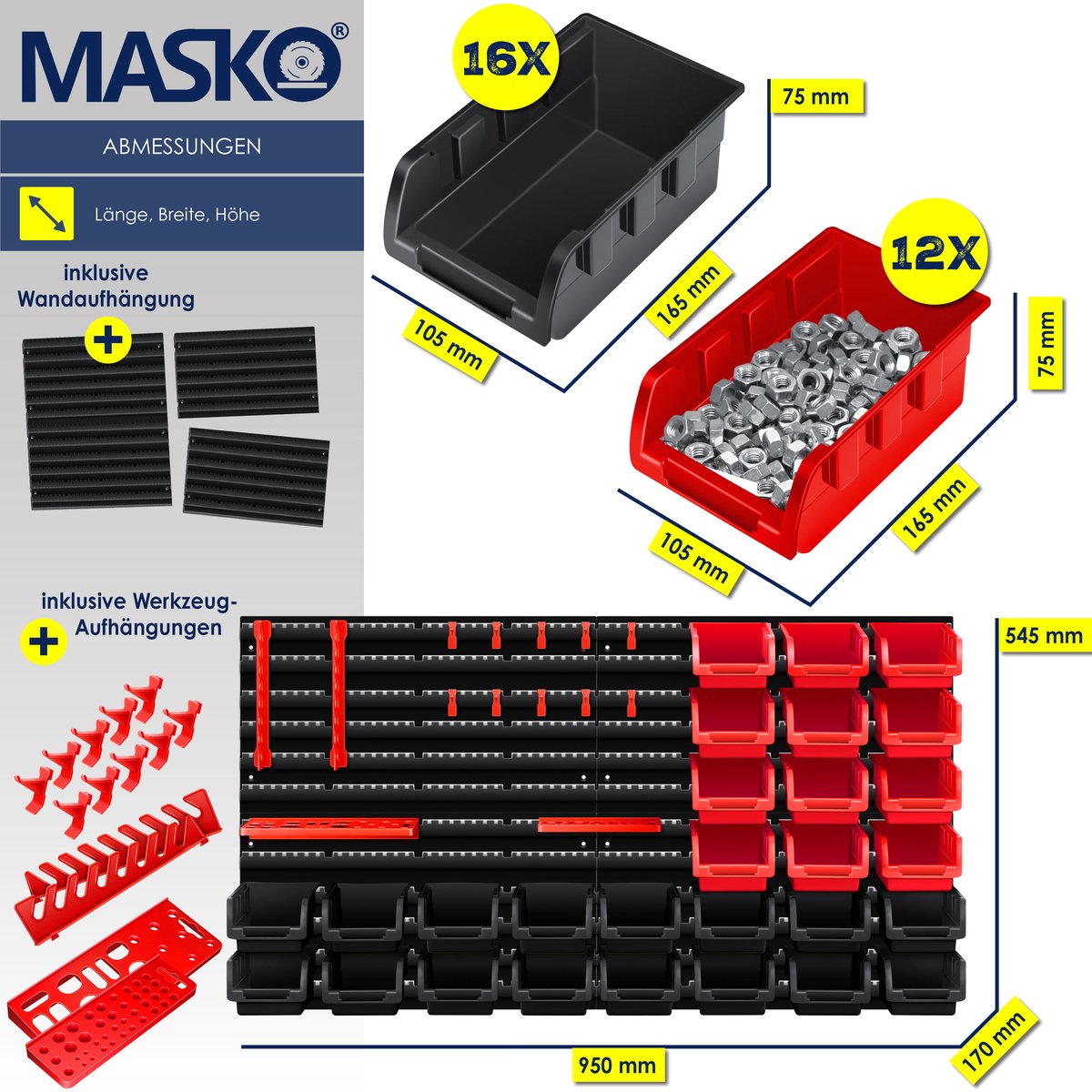 MASKO® Gereedschapswand - 45-delig - Inc. Haken - Rood