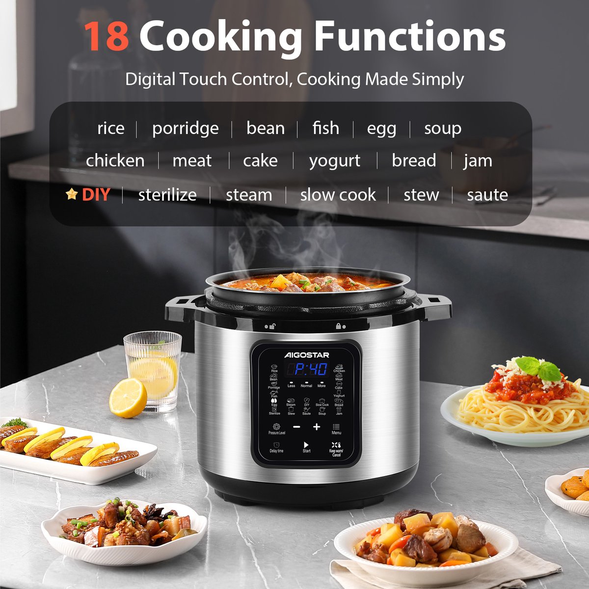 Aigostar Snelkookpan Multicooker - 6 Liter - Slow Cooker - Rijstkoker - Stomer