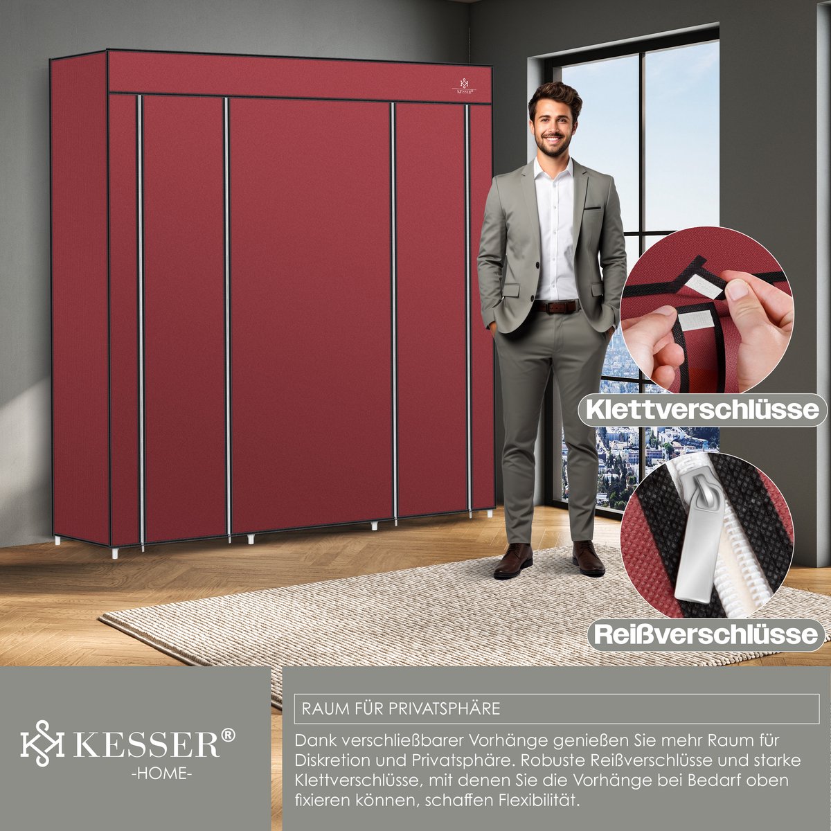KESSER® Kledingkast in Stof en Metaal 150x45x175cm - opvouwbaare Garderobekast Stabiel met Kledingstang & Planken, Inclusief 5x Kledinghangers Kleerkast - Legplank Kast voor Slaapkamer met Kledingrek - Bordeux