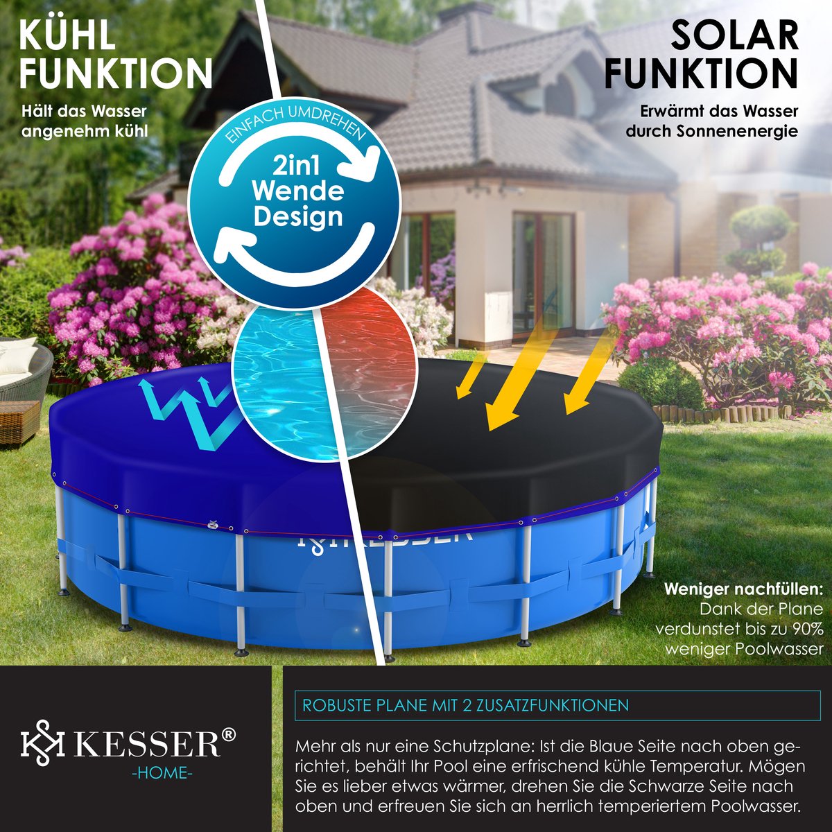 KESSER® Zwembadafdekking - Solar folie - Afdekzeil - Zwembadzeil gemaakt van 200g/m² PE-materiaal Incl. staalkabel + kabelspanner met oogjes Zonneafdekking UV-bestendig zomer & winter - Rond, 366 cm, Blauw / Zwart