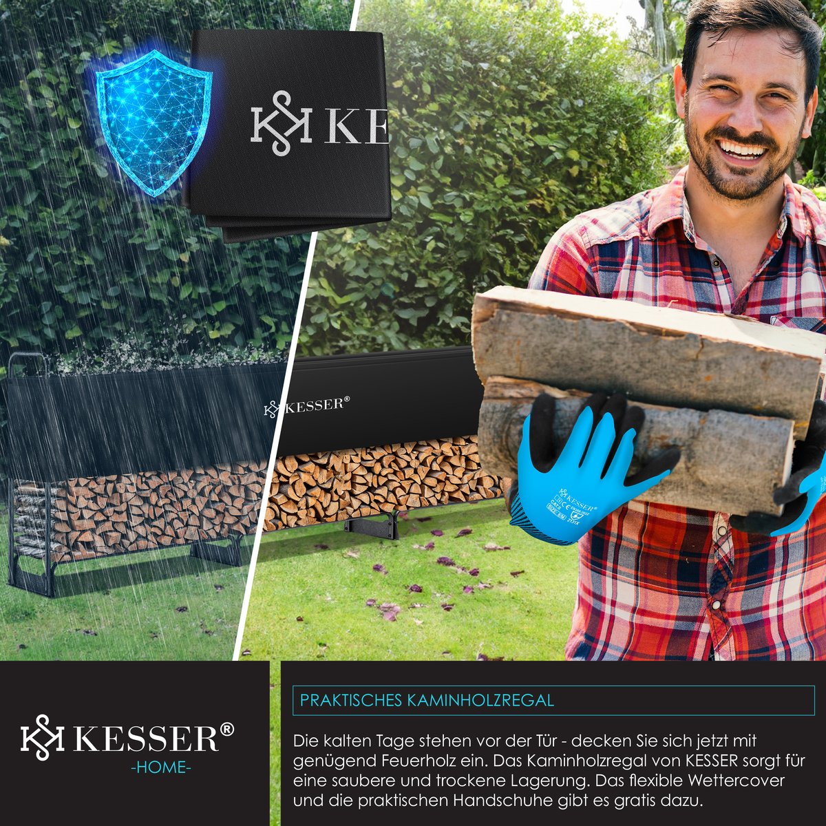KESSER® Houtopslag voor Buiten - Metaal Houtrek 200kg Haardhout Opslag - Brandhout Rek met Stalen Frame + Afdekking & Handschoenen, Waterdichte Brandhoutrek Haardhoutrek - 390x36x117cm