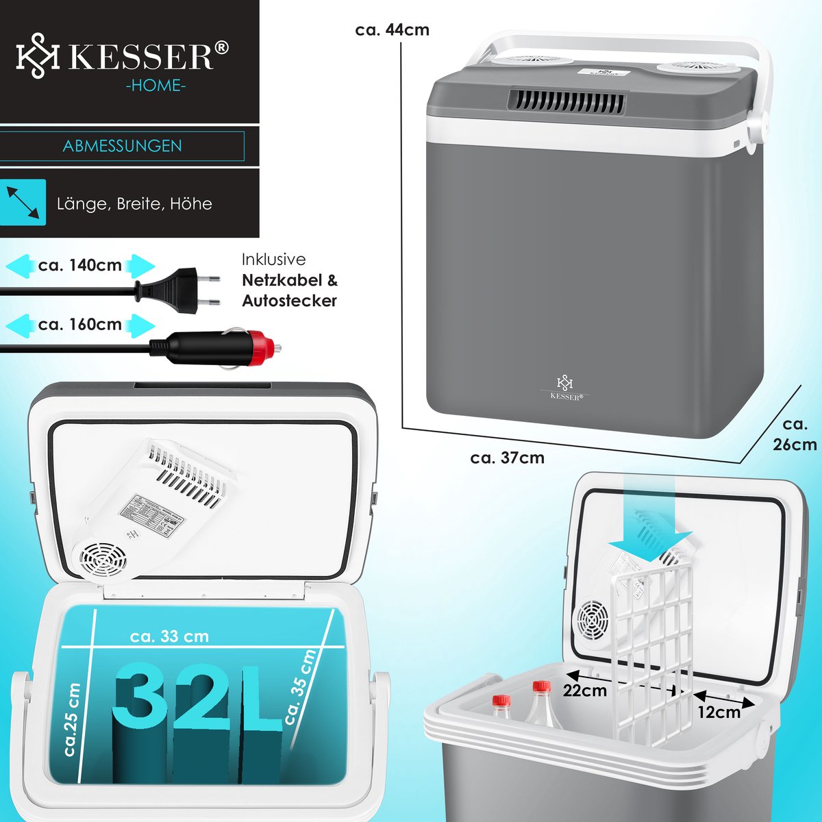 Koelbox Elektrisch – 12V en 230 volt - Coolbox - Frigobox - 32L – Grijs •