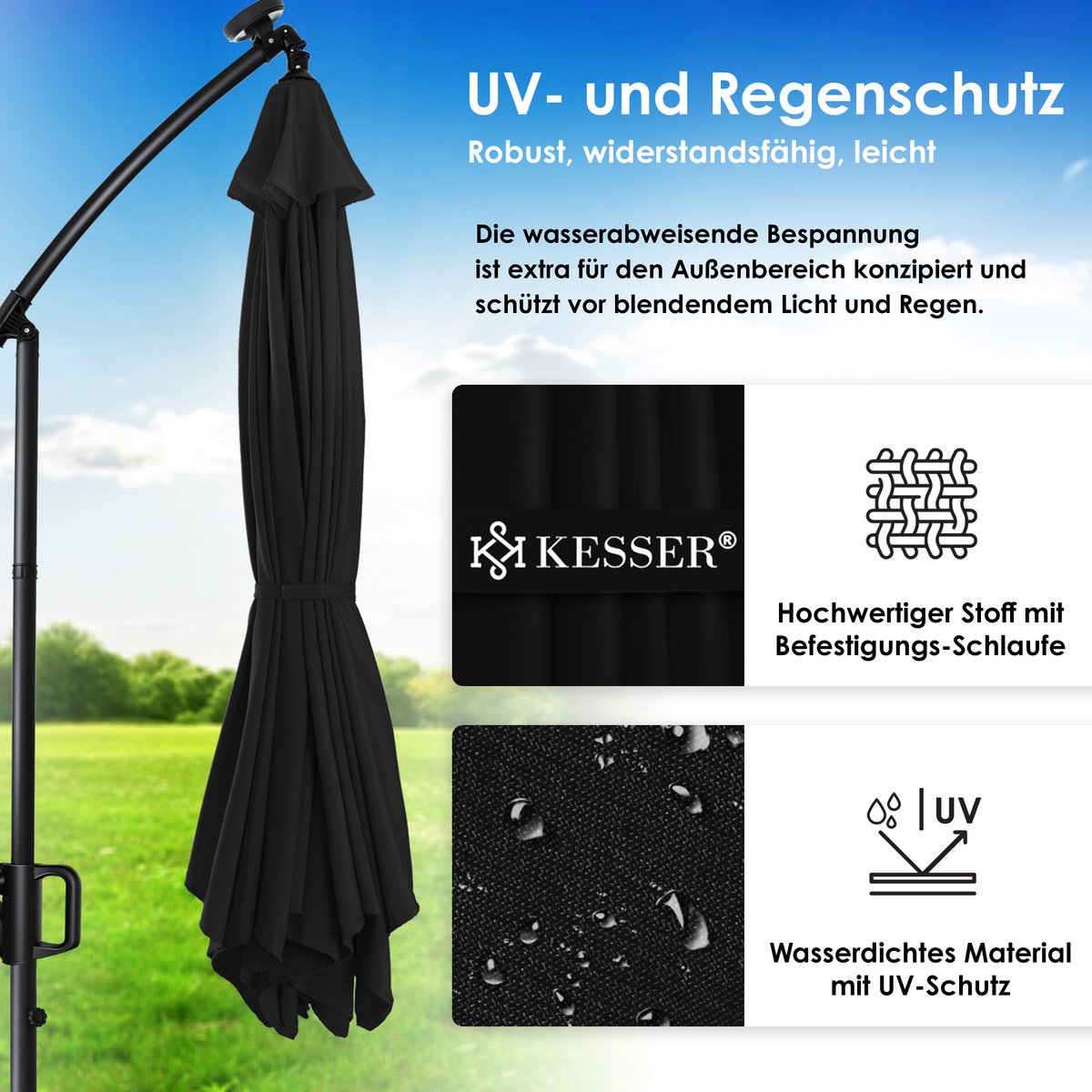 KESSER® Zweefparasol met LED Solar Verlichting en voet 350cm x 350cm - Parasol 360° Draaibaar Incl. Beschermhoes Tuinparasol
