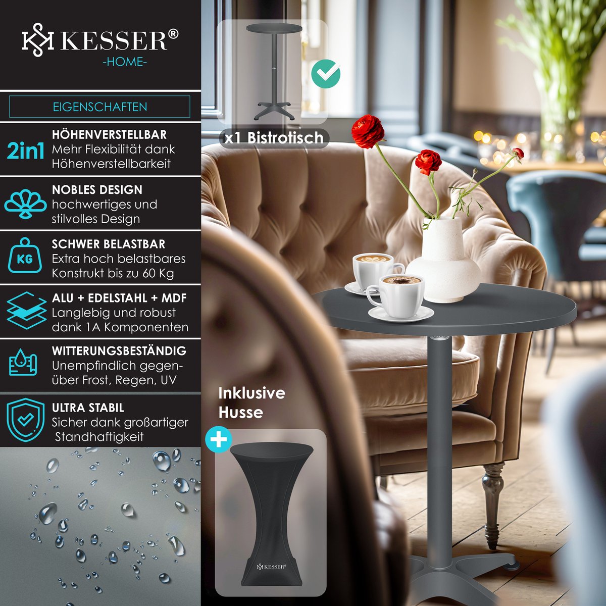 KESSER® Bartafel - Bistrotafel - Verstelbaar - 70-110cm - Antraciet
